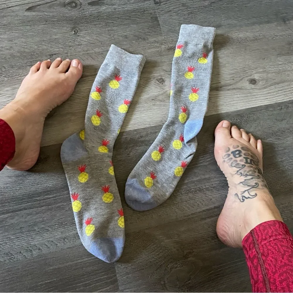 Pineapple Mid Calf Socks Grey Pink Yellow Good Used Condition Women’s